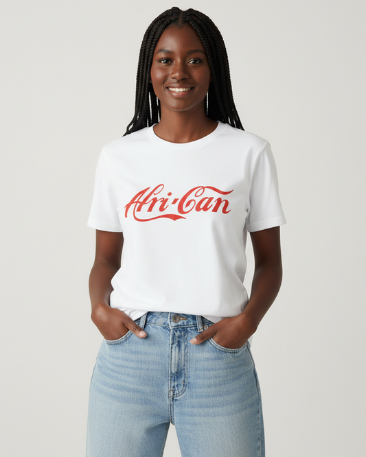 Black woman wearing a white-shirt with the word Afri-Can in red font, reminiscent ofa popular Cola's font.