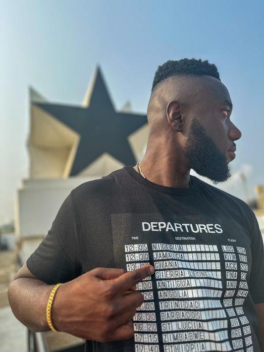 Customer wearing Departures t-shirt