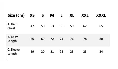 Size chart for clothing measurements in centimeters