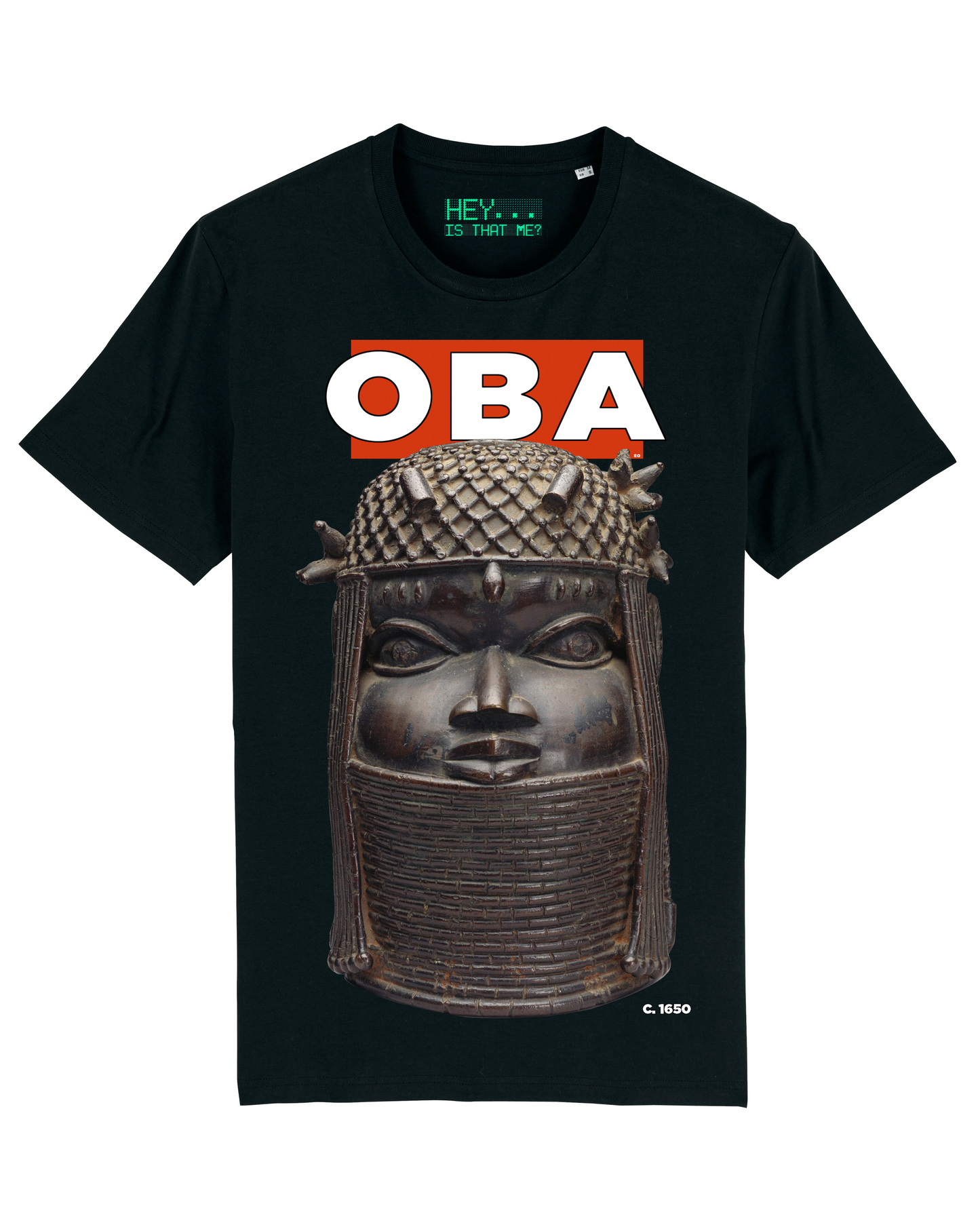 A solid bronze stolen artefact, known as "Oba" - The King, is depicted on this black, organic cotton t-shirt