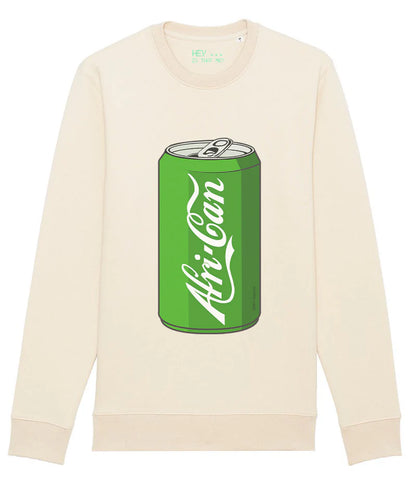 Black woman wearing a African sweatshirt  a green soda can graphic and 'Afri-Can' text on a white background