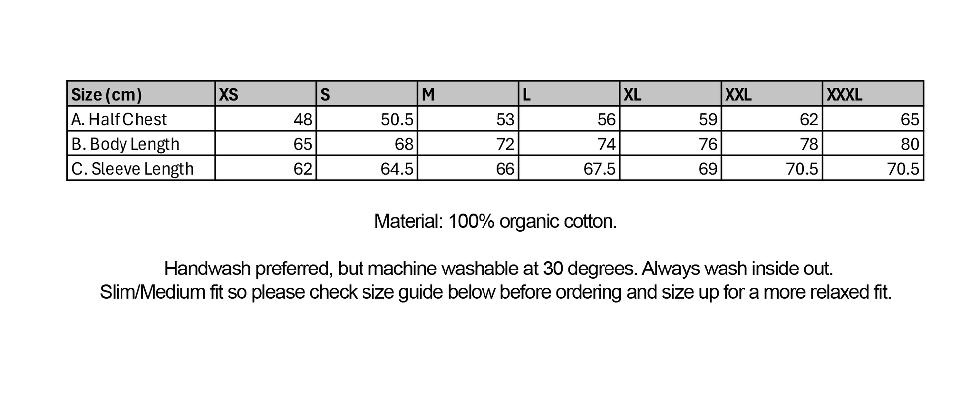 Size chart for clothing with measurements in centimeters and material information.