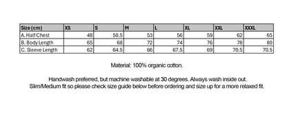 Size chart for clothing with measurements in centimeters and material information.