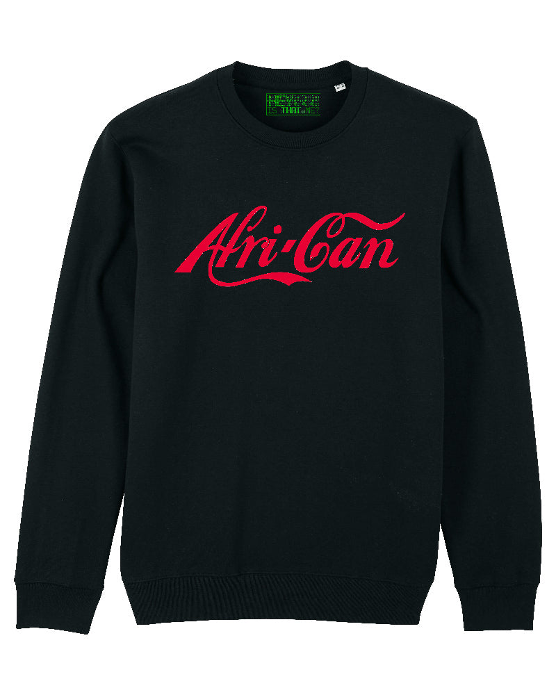 Black sweatshirt with 'Afri-Can' in red text on a white background