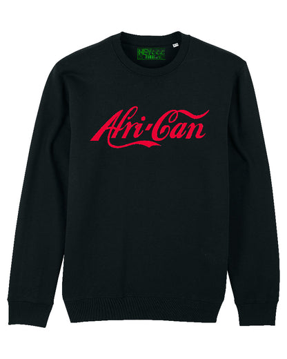 Black sweatshirt with 'Afri-Can' in red text on a white background