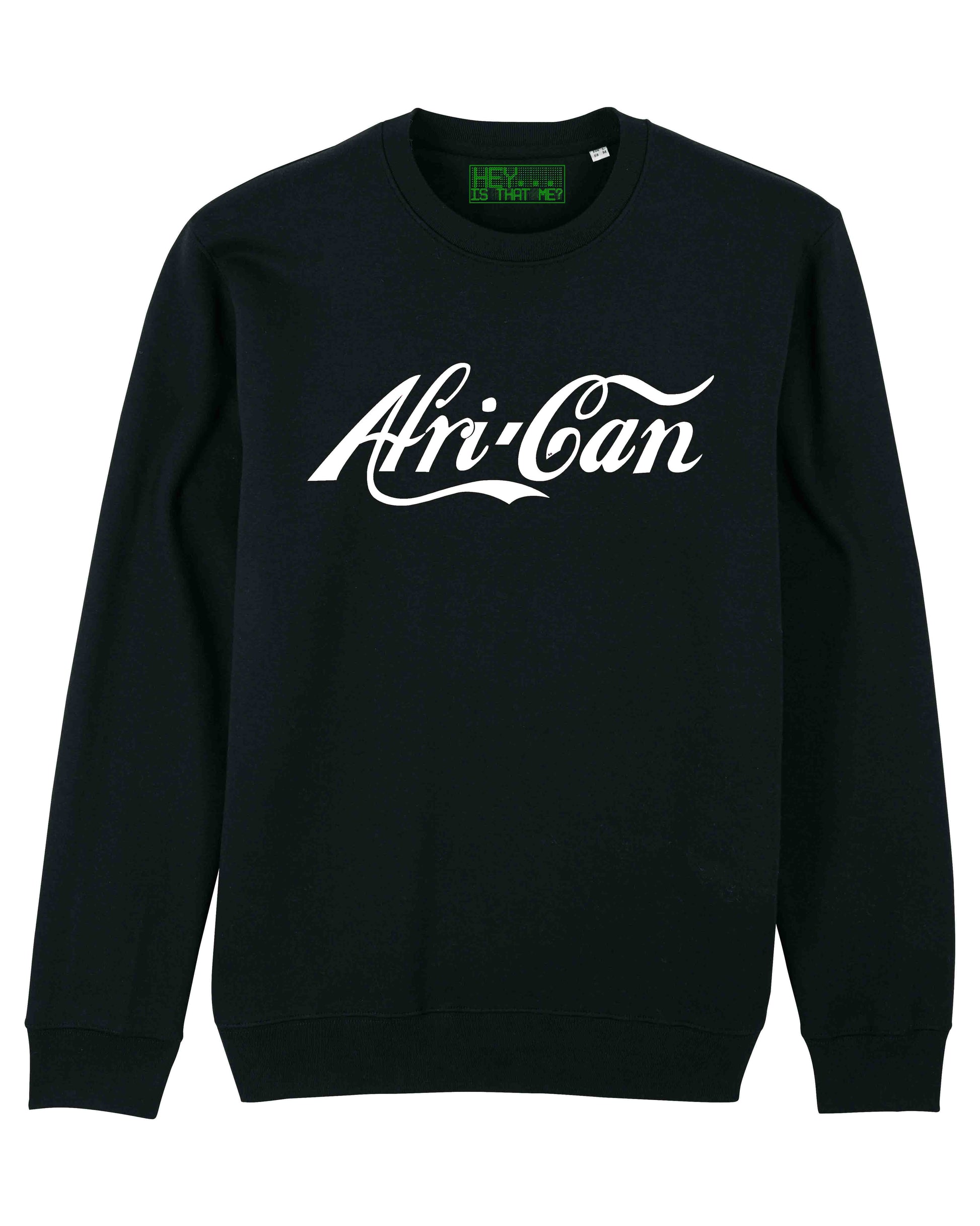 Black sweatshirt with 'Afri-Can' text on a white background