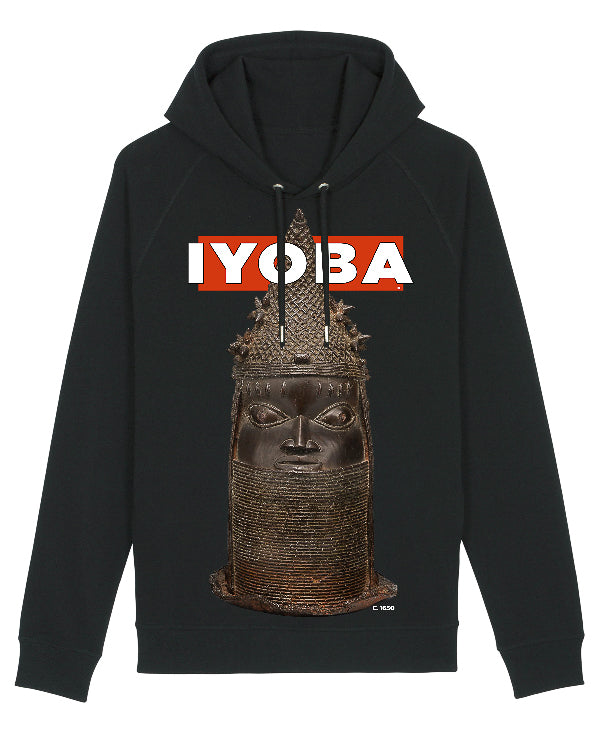Black hoodie with a Benin bronze design and the slogan 'Iyoba' (Mother of King) on a white background