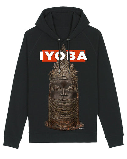 Black hoodie with a Benin bronze design and the slogan 'Iyoba' (Mother of King) on a white background