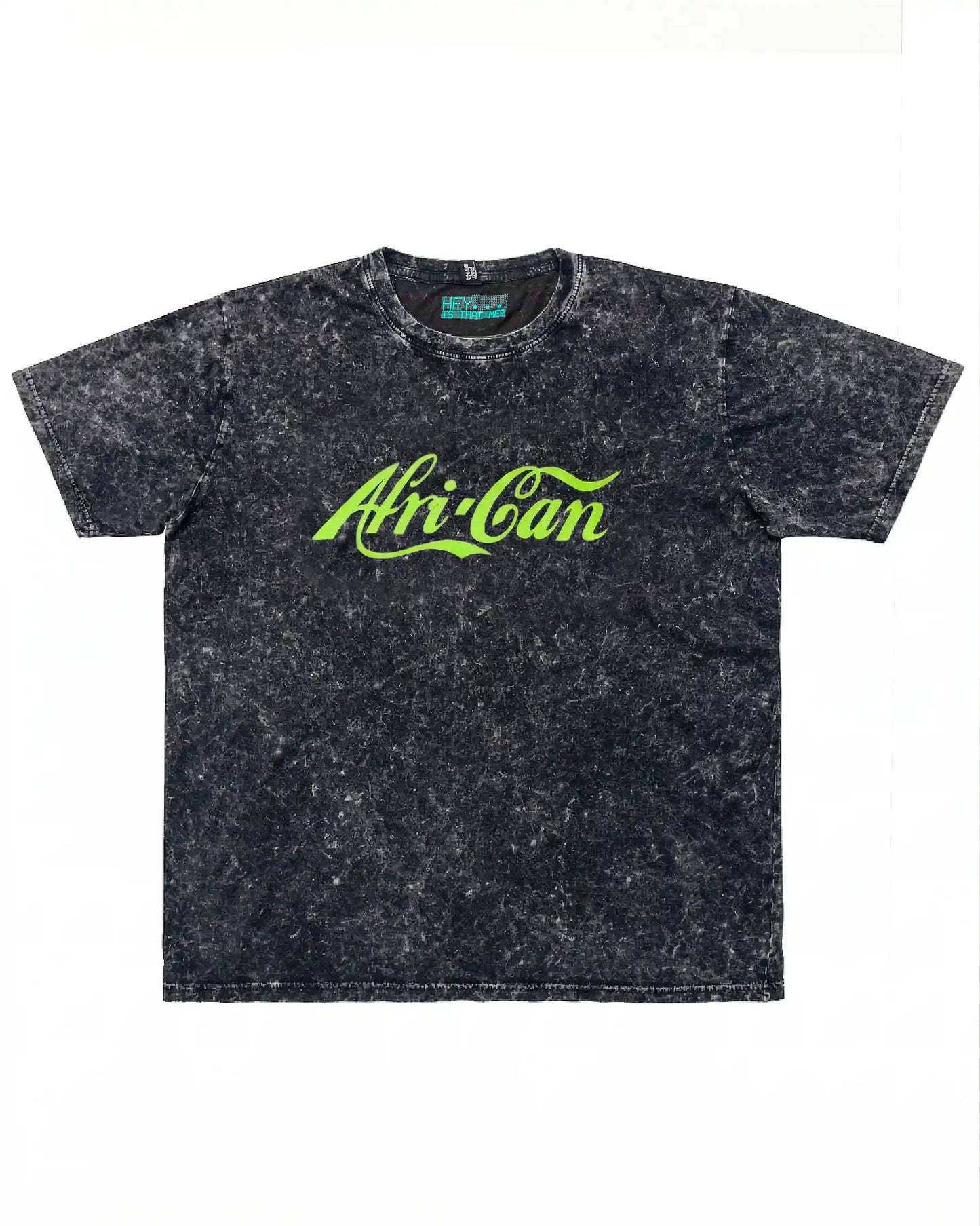 Black acid-wash t-shirt with 'AfriCan' text in neon green on a black background