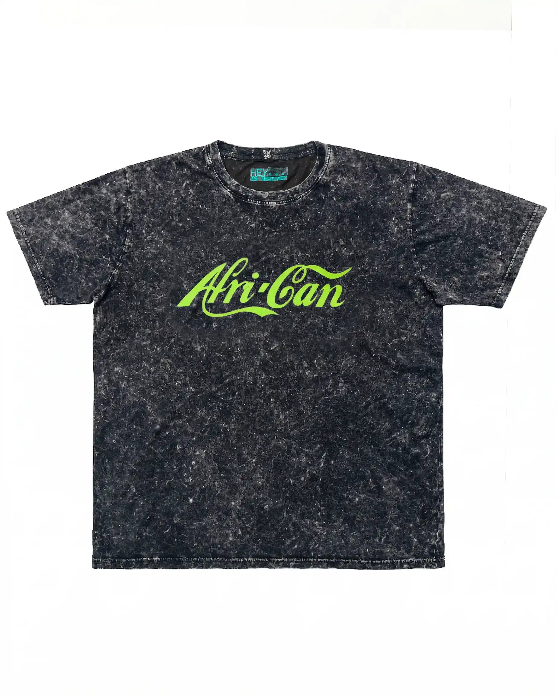Black acid-wash t-shirt with 'AfriCan' text in neon green on a black background