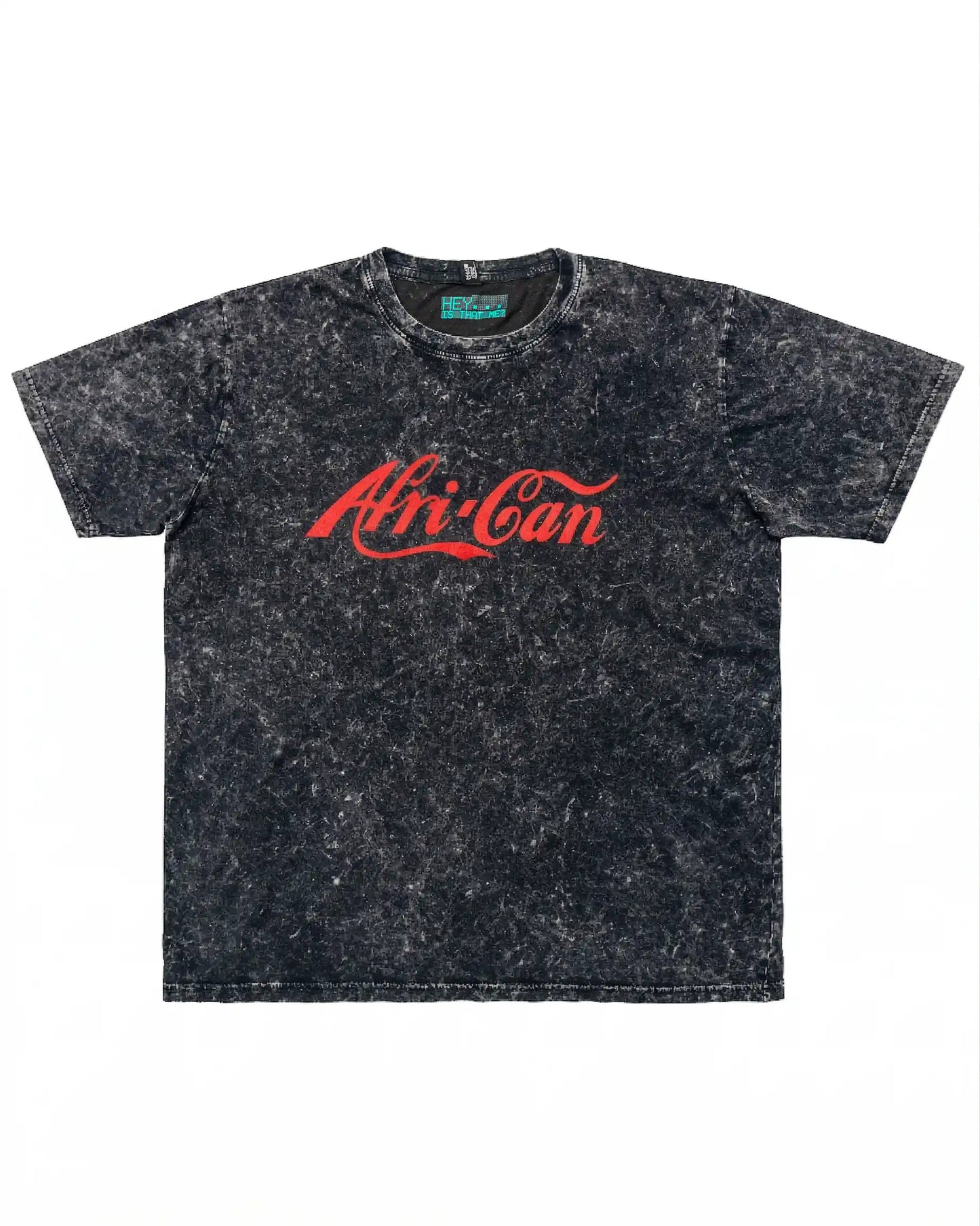 Black acid-wash t-shirt with 'AfriCan' text in bright neon red on a black background