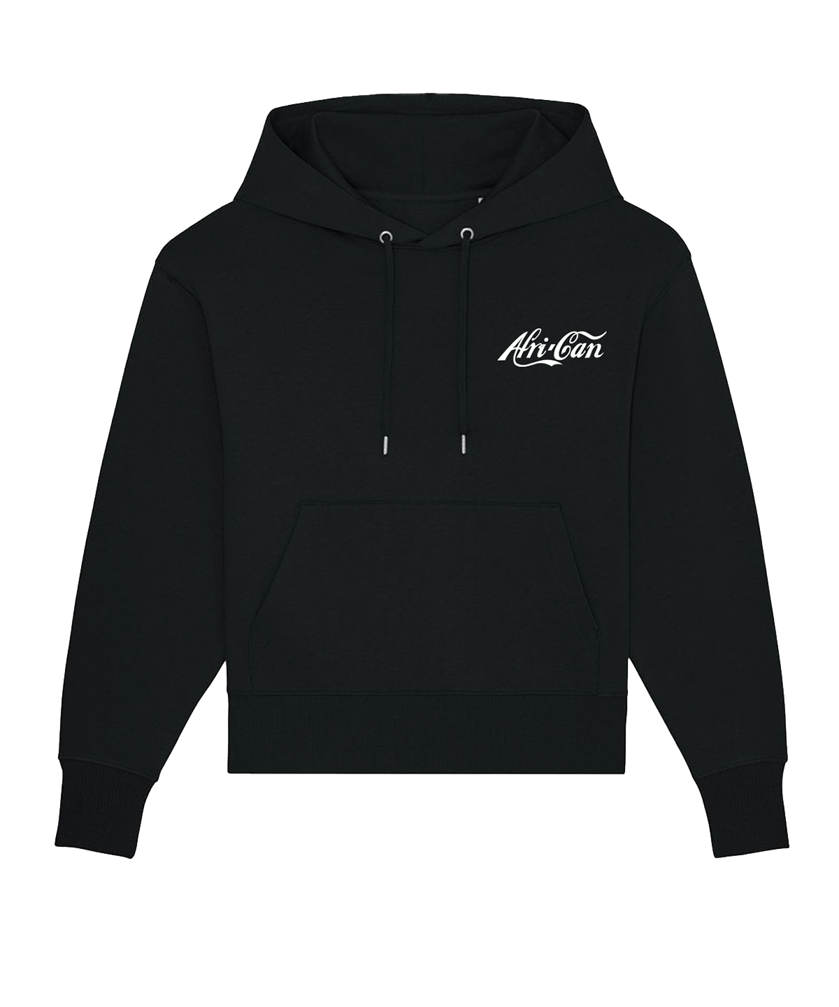 Black hoodie with white 'Afri-Can' logo on a white background