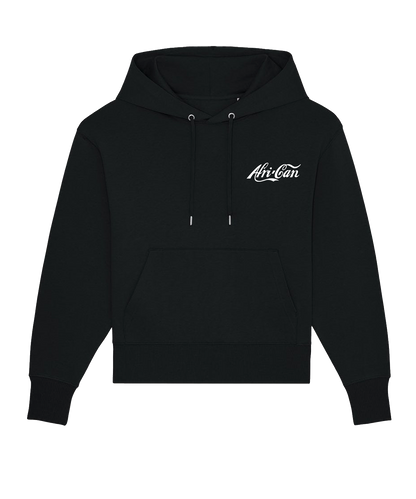 Black hoodie with white 'Afri-Can' logo on a white background