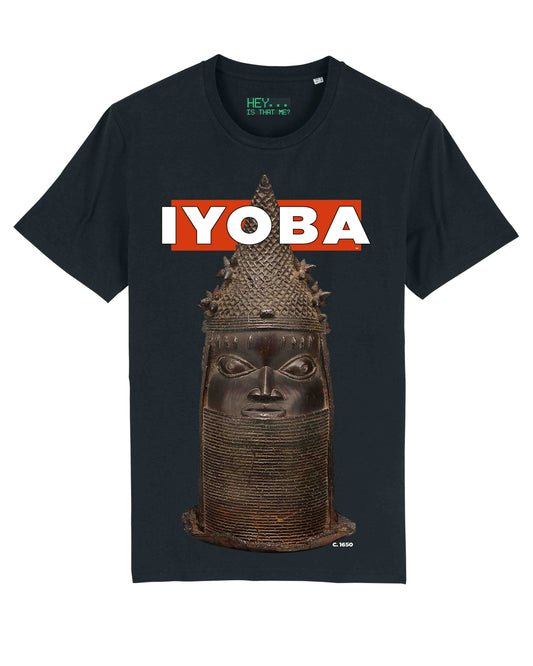 Black t-shirt with 'Iyoba' design featuring a Benin Bronze sculpture and red and white text.
