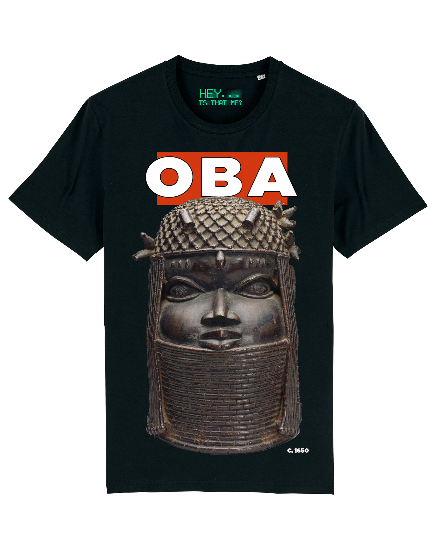 A solid bronze  stolen artefact, known as "Oba" -  The King, is depicted on this black, organic cotton t-shirt