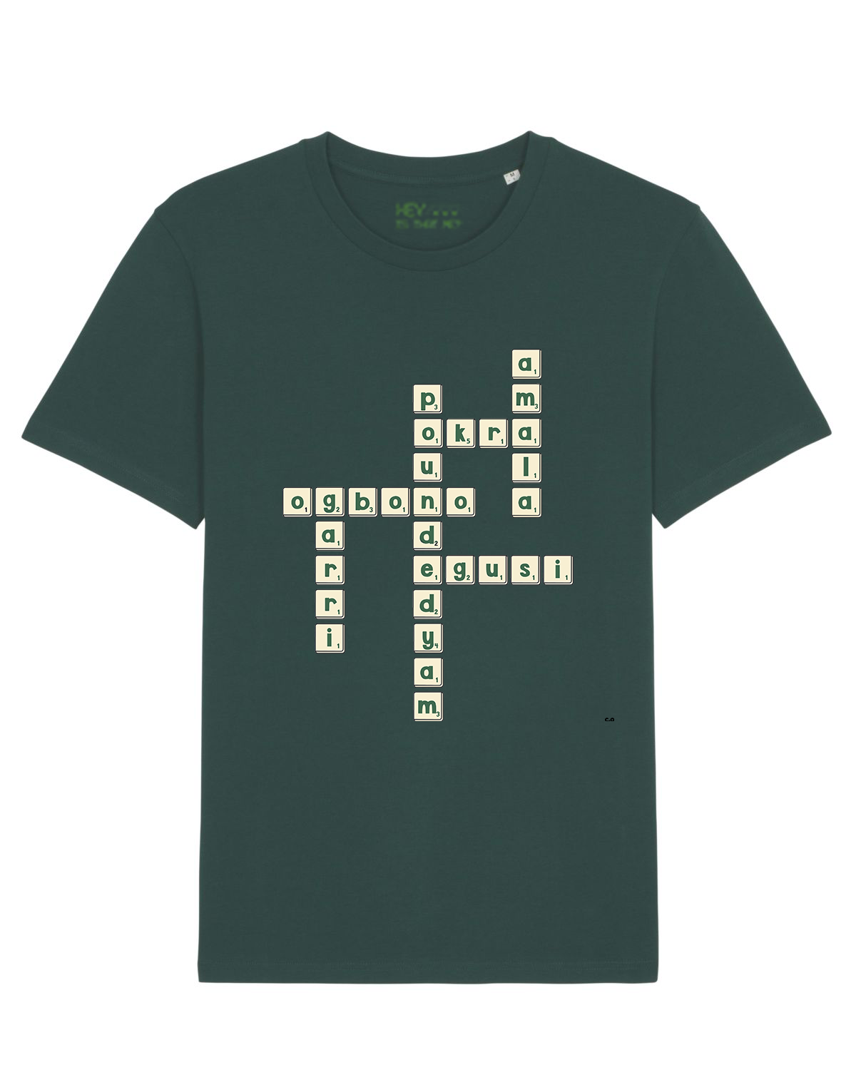 traditional African foods on a dark green, organic cotton t-shirt