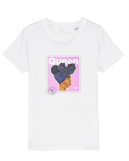 "Queen Junior" White Organic Cotton T-Shirt - Pink stamp