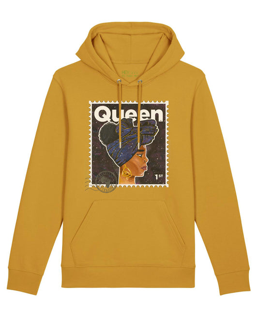 organic cotton hoodie, with Queen design, in mustard